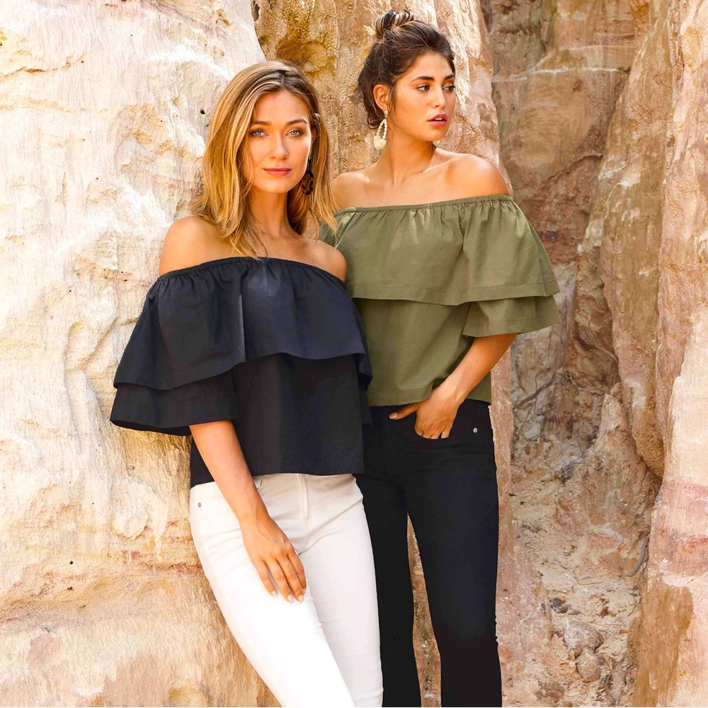 MUD PIE Ezra Army Olive Green Ruffle Off the Shoulder Top Cotton Blouse NWT